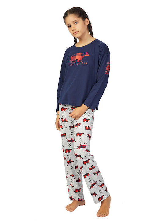 Vienetta Secret Set Top & Bottom Kids Winter Cotton Pyjamas Navy Blue