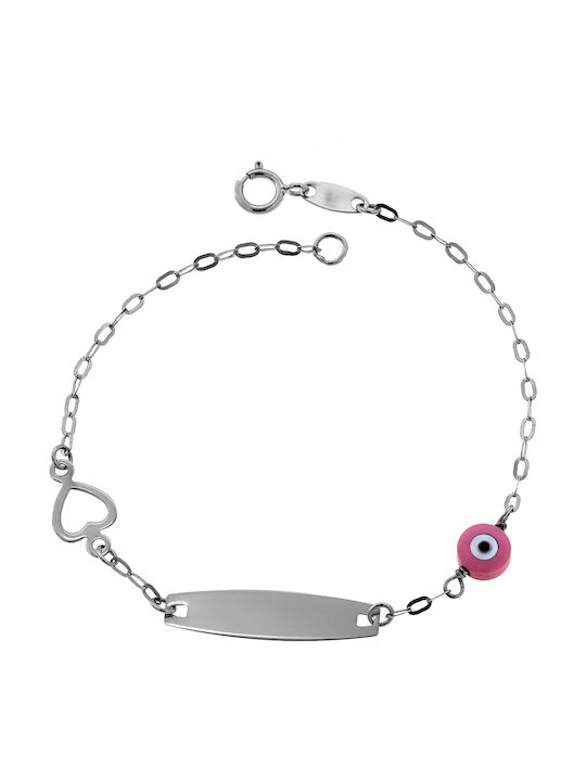 Kids Bracelet ID from White Gold 9K with Heart & Evil Eye