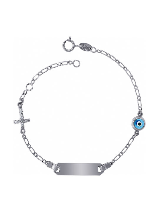 Kids Bracelet ID from White Gold 14K with Evil Eye & Σταυρό