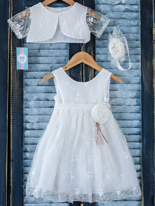 Mak Alb Set de Haine de Botez cu Accesorii pentru păr , Cardigan & Rochie din Dantelă 3buc