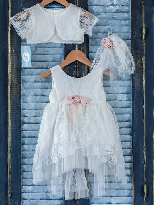 Mak White Baptism Clothing Set with Hair Accessories , Cardigan & Dress made of Lace 3pcs