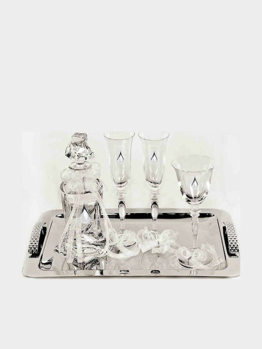 Wedding Carafe Set with Wine & Champagne Glasses on Tray Crystal / Inox Silver 4pcs