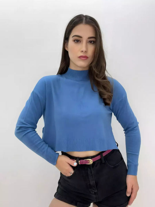 Passione Moda Women's Crop Top Long Sleeve Blue