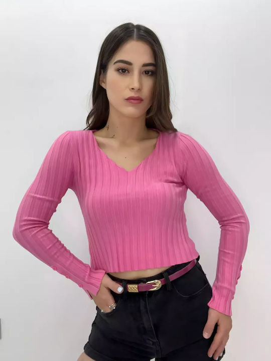 Volumex Women's Blouse Long Sleeve with V Neckline Pink