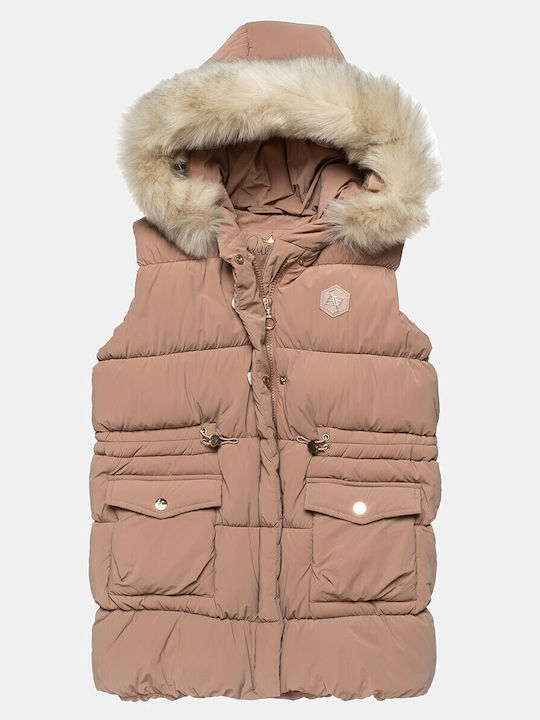 Kids Quilted Sleeveless Short Coat with Hood Beige