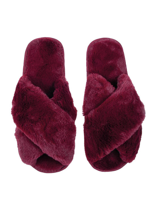 Amaryllis Slippers Χειμερινές Γυναικείες Παντόφλες με γούνα σε Μπορντό Χρώμα