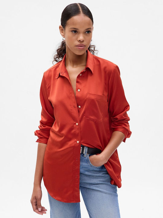 GAP Women's Satin Long Sleeve Shirt Red