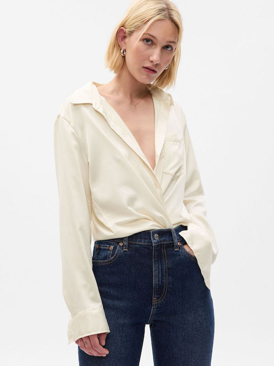 GAP Langärmelig Damen Satin Hemd Beige