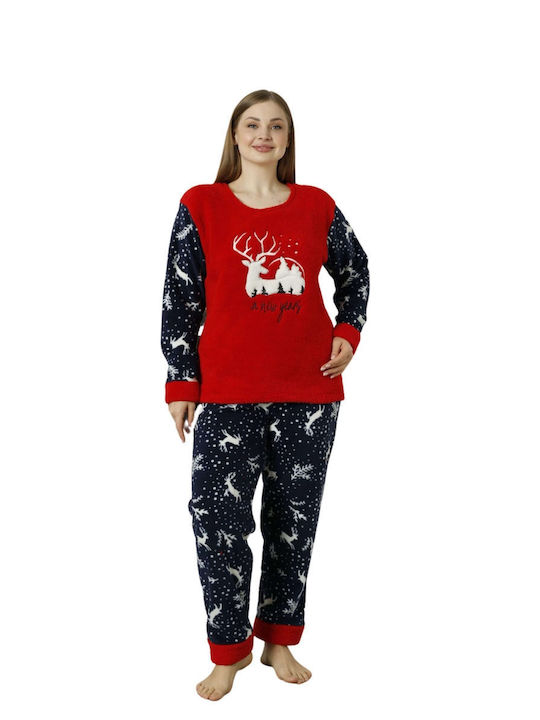 Lindros Winter Damen Pyjama-Set Baumwolle Rot