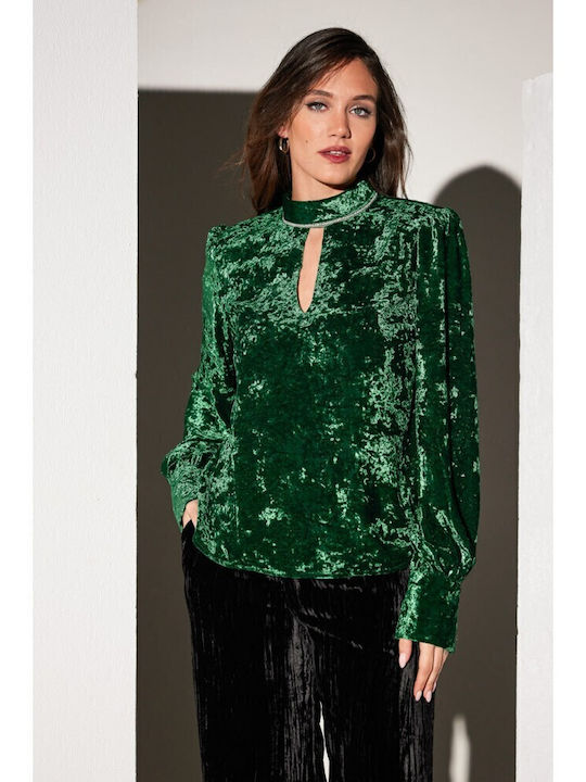 Enzzo Arden Damen Bluse Samt Langärmelig Grün