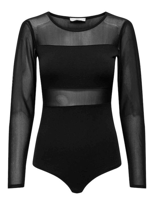 Long Sleeve Bodysuit with Mesh Slim Fit Black