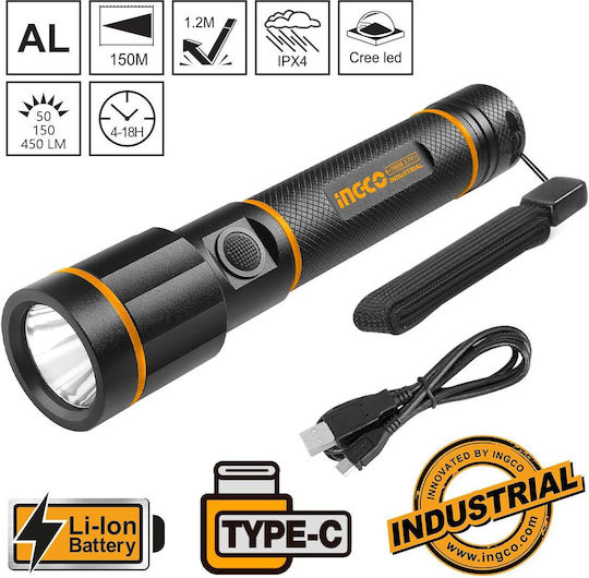 Ingco Wiederaufladbar Taschenlampe LED IPX4 mit maximaler Helligkeit 450lm