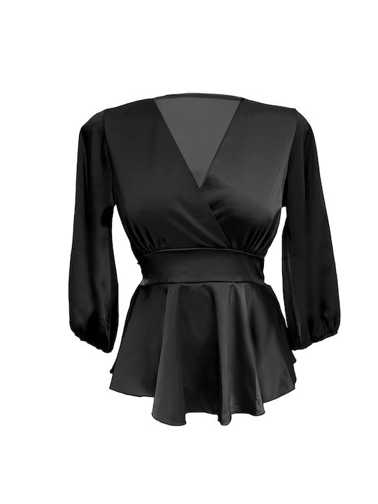 Fashion Vibes Women's Blouse Satin with 3/4 Sleeve Black