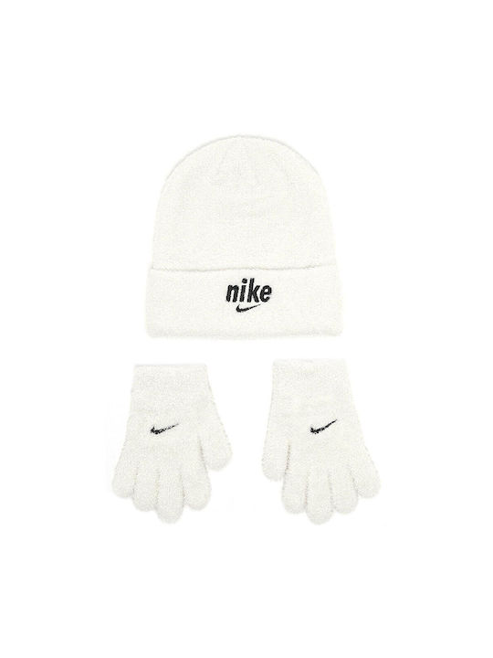 Nike Kinder Mütze Set mit Handschuhe Gestrickt Weiß