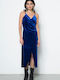 Matis Fashion Midi Βραδινό Φόρεμα Βελούδινο Κρουαζέ Μπλε