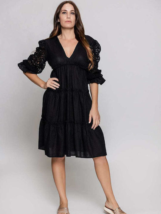 Nema Resort Wear Sommer Midi Kleid mit Rüschen Schwarz