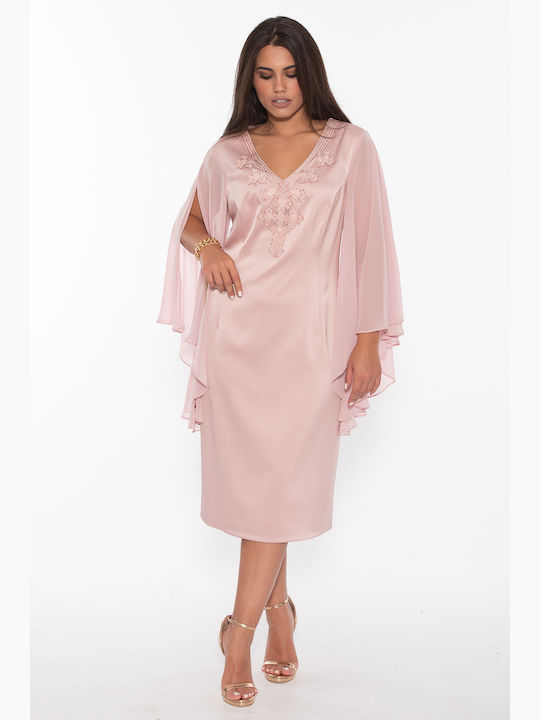 Korinas Fashion Midi Rochie pentru Nuntă / Botez Satin Roz