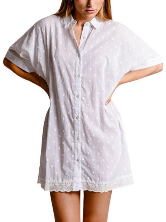 Shirt Kurzärmelig Damen Hemd Weiß Polka Dot