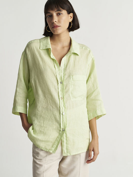 Black & Black Women's Linen Monochrome Long Sleeve Shirt Green
