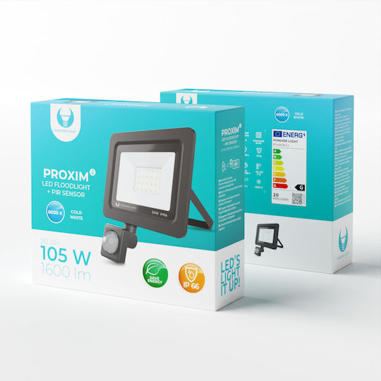Forever Light Proxim Ii Στεγανός Προβολέας LED 20W Ψυχρό Λευκό 6000K με Αισθητήρα Κίνησης IP66