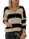 Amely Women's Long Sleeve Sweater with V Neckline Striped Black