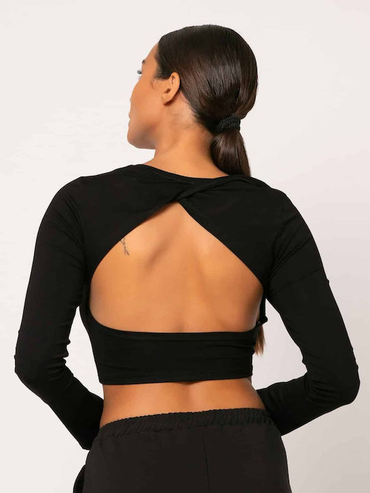 Noobass Damen Crop Top Langarm Schwarz