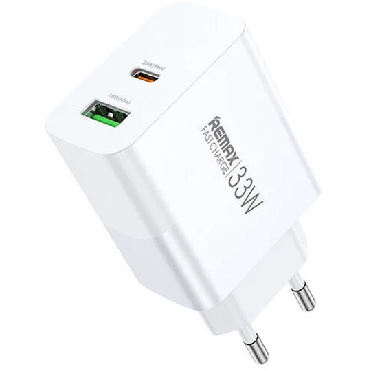 Remax Φορτιστής Χωρίς Καλώδιο GaN με Θύρα USB-A και Θύρα USB-C 33W Power Delivery Λευκός (RP-U122)