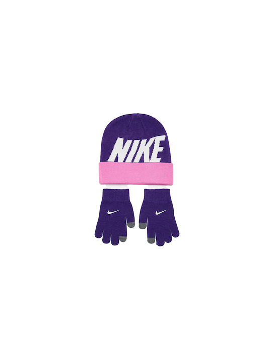Nike Kinder Mütze Set mit Handschuhe Gestrickt Lila