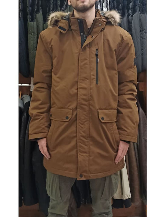 Double Men's Winter Parka Jacket Waterproof Brown