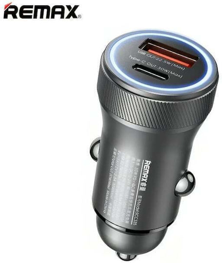 Remax Зарядно за кола 30W Бързо Зареждане с Портове: 1xUSB 1xType-C заедно с Кабел Type-C