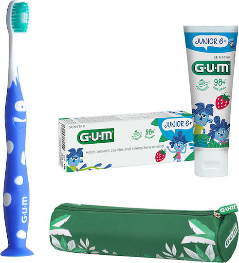 GUM Promo Junior Jungle Set mit Kinderzahnpasta und Zahnbürste für 6+ Jahre 3 Stück mit Geschmack Blaubeere