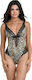 Miss Rosy Lingerie Spaghetti Strap String Bodysuit with Mesh, Lace & Open Back Animal Print