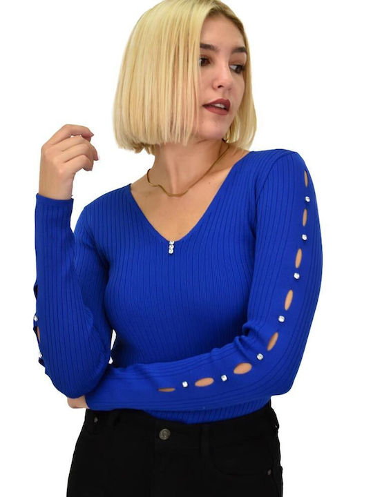 Potre Damen Langarm Pullover mit V-Ausschnitt Blau