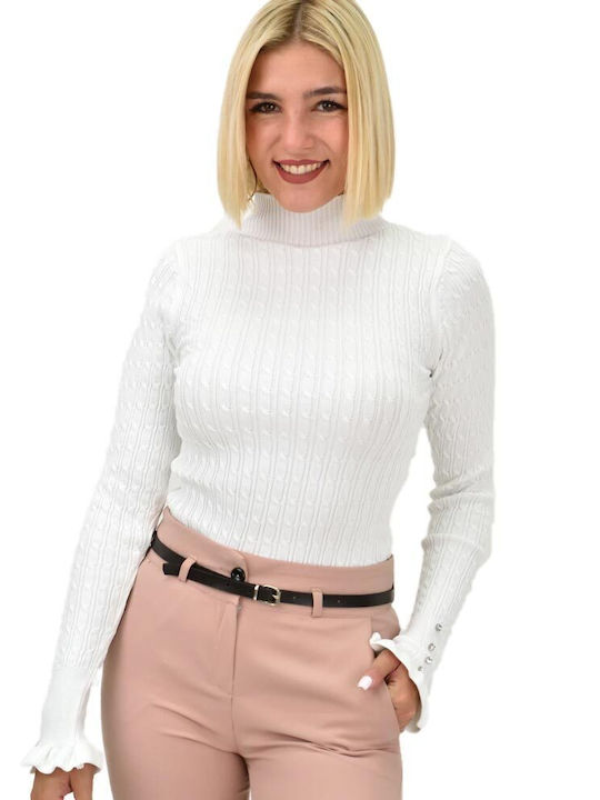 Potre Women's Long Sleeve Sweater Turtleneck White