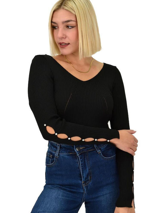 Potre Women's Long Sleeve Sweater with V Neckline Black