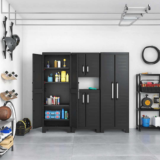 Doppelflügeliger Außenschrank Detroit XL aus Polypropylen mit Trennwand & 4 Regale Schwarz 89x54x182cm