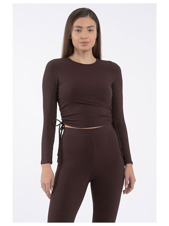 4F Damen Bluse Langärmelig Braun