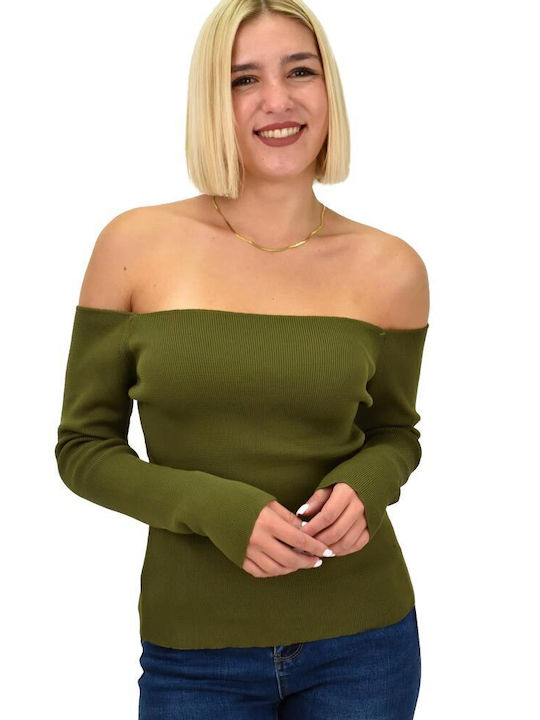 Damen Bluse Schulterfrei Langärmelig Khaki
