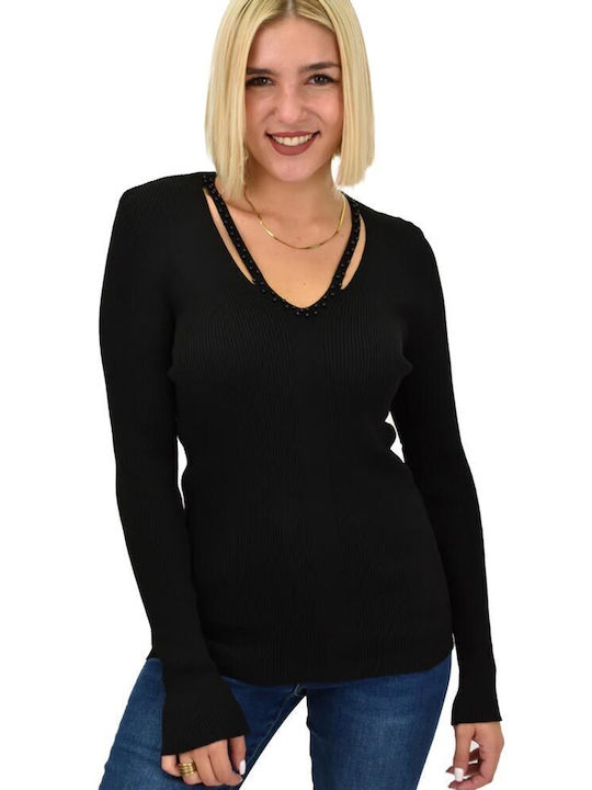 Potre Damen Crop Top Langarm mit V-Ausschnitt Schwarz