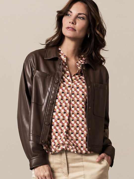 Bianca Di Women's Leather Midi Overshirt with Buttons Brown