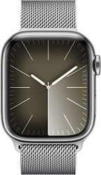 Apple Watch Series 9 Cellular Stainless Steel 41mm Αδιάβροχο με eSIM και Παλμογράφο (Silver με Silver Milanese Loop)