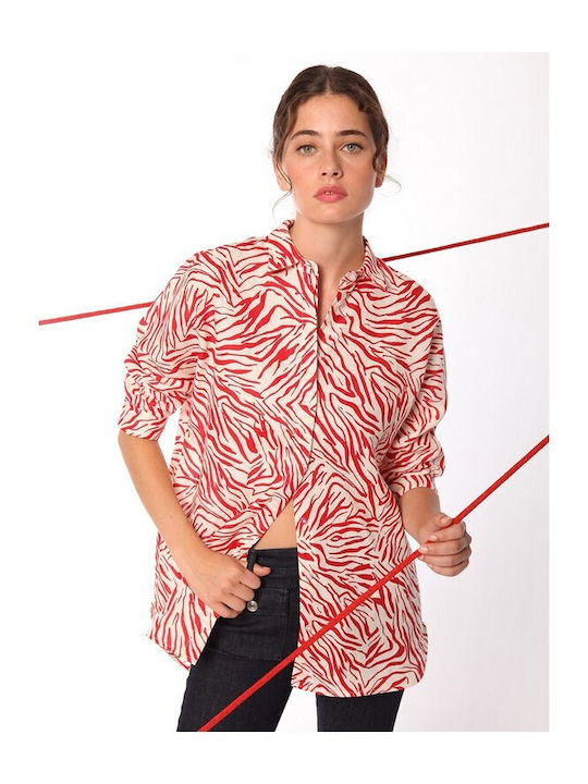 Vilagallo Women's Linen Short Sleeve Shirt Red