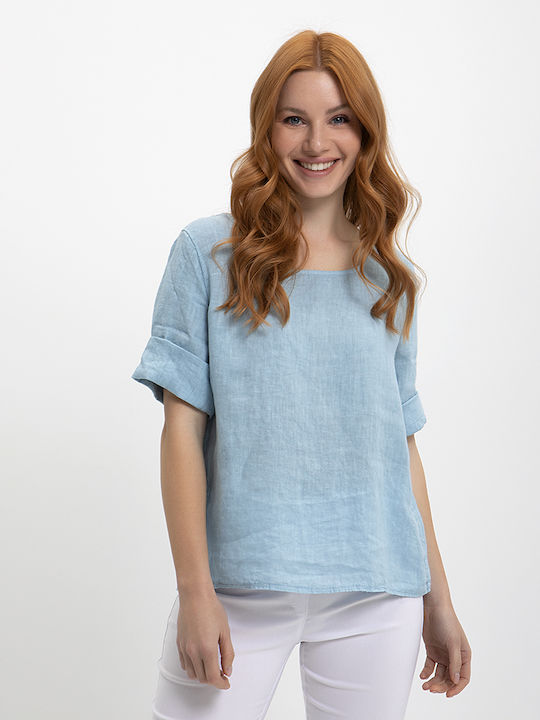 Simply Zoe Women's Summer Blouse Linen Short Sleeve Blue