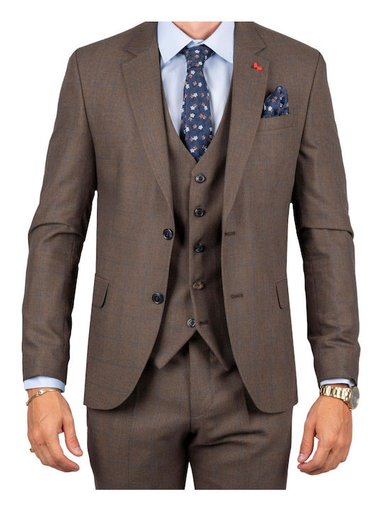 Dezign Men's Suit with Vest Slim Fit Brown