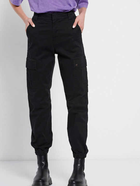 Women's High-waisted Fabric Cargo Trousers Regular Fit Black