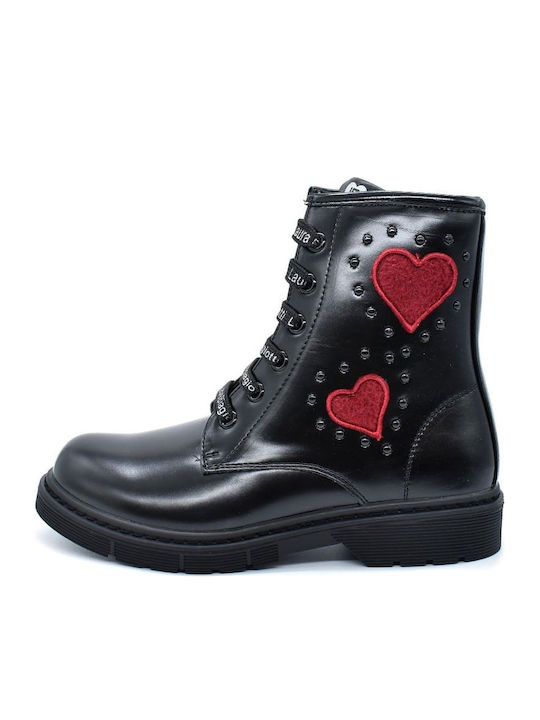 Lederne Kinderstiefel mit Schnürsenkeln Schwarz