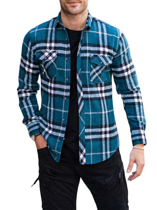 Kedi Men's Shirt Overshirt Long Sleeve Checked Petrol Blue