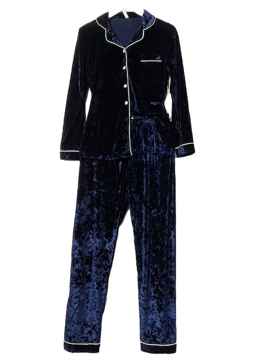 Notte Stella Winter Damen Pyjama-Set Samt Marineblau