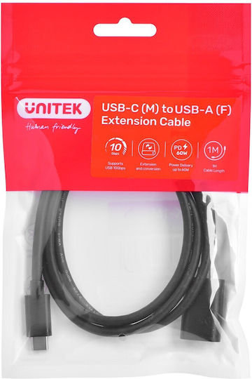 Unitek USB 2.0 Cable USB-C male - USB-A female 60W PD Μαύρο 1m C476BK-1M