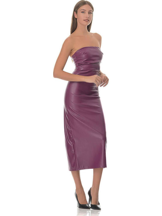 Midi Βραδινό Φόρεμα Strapless Δερμάτινο με Σκίσιμο Μωβ